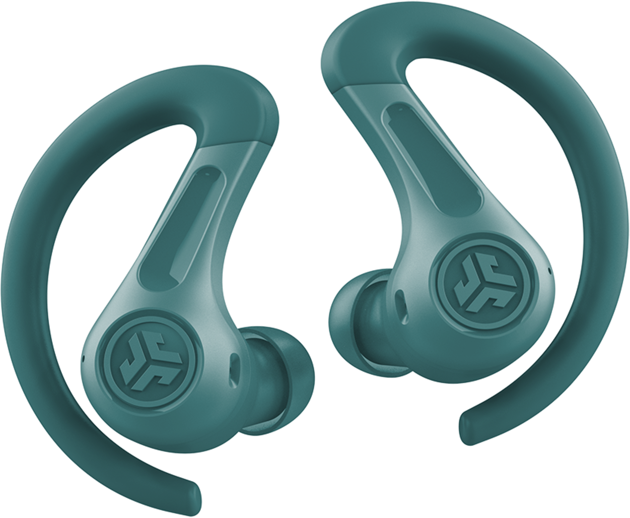 Two teal wireless earbuds with ear hooks, against a black background.