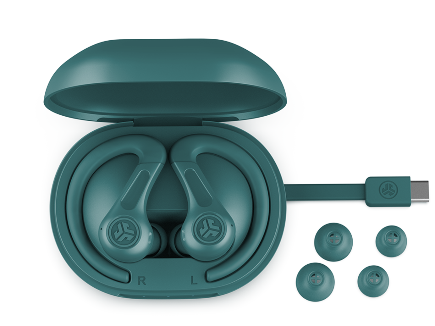 Teal wireless earbuds in an open charging case with USB-C cable and spare tips.