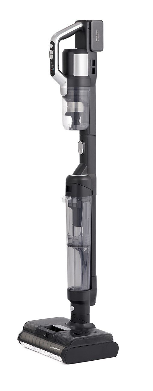 Czarny i srebrny odkurzacz bezprzewodowy. Ma uchwyt, przezroczysty pojemnik na kurz i zmotoryzowaną głowicę szczotkową.