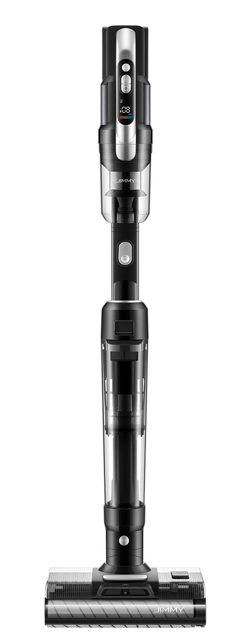 Czarno-srebrny odkurzacz bezprzewodowy JIMMY stoi pionowo na białym tle. Posiada wyświetlacz cyfrowy.