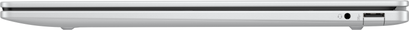 Seitenansicht eines silbernen Laptops mit Audio- und USB-Anschlüssen. Der Laptop ist geschlossen.