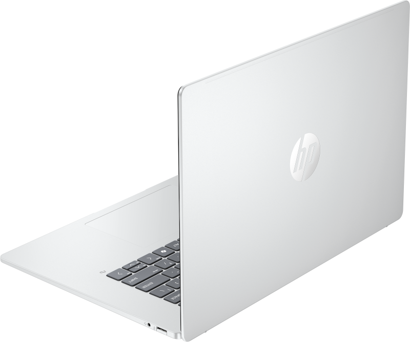 Ein weißer HP-Laptop ist leicht geöffnet zu sehen. Die Tastatur ist sichtbar, und das HP-Logo befindet sich auf dem Deckel. Der Hintergrund ist weiß.