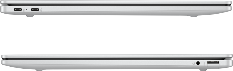 Zwei silberne Laptops werden nebeneinander angezeigt. Der obere zeigt zwei Anschlüsse, der untere Audio- und USB-Anschlüsse.