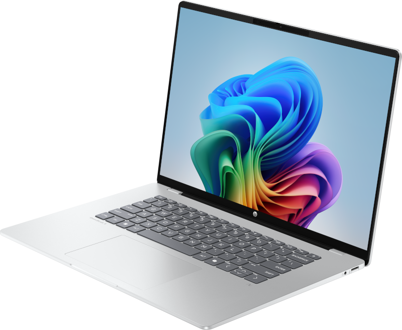 Ein silberner Laptop wird in einem Winkel gezeigt, der Tastatur, Trackpad und Bildschirm zeigt. Der Bildschirm zeigt ein farbenfrohes abstraktes Design.