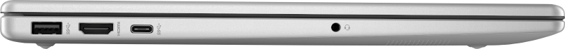 Seitenansicht eines silbernen Laptops mit Anschlüssen: USB, HDMI, USB-C und Kopfhöreranschluss. Der Laptop ist geschlossen.
