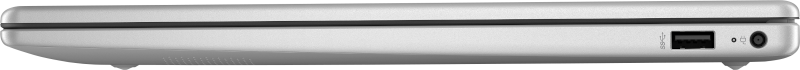 Seitenansicht eines silbernen Laptops mit geschlossenem Deckel, USB-Anschluss und Kopfhöreranschluss. Die Oberseite hat einen schwarzen Streifen.