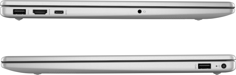 Seitenansicht eines silbernen Laptops mit Anschlüssen: USB, HDMI, USB-C, Kopfhöreranschluss und Stromanschluss. Schwarzer Hintergrund.