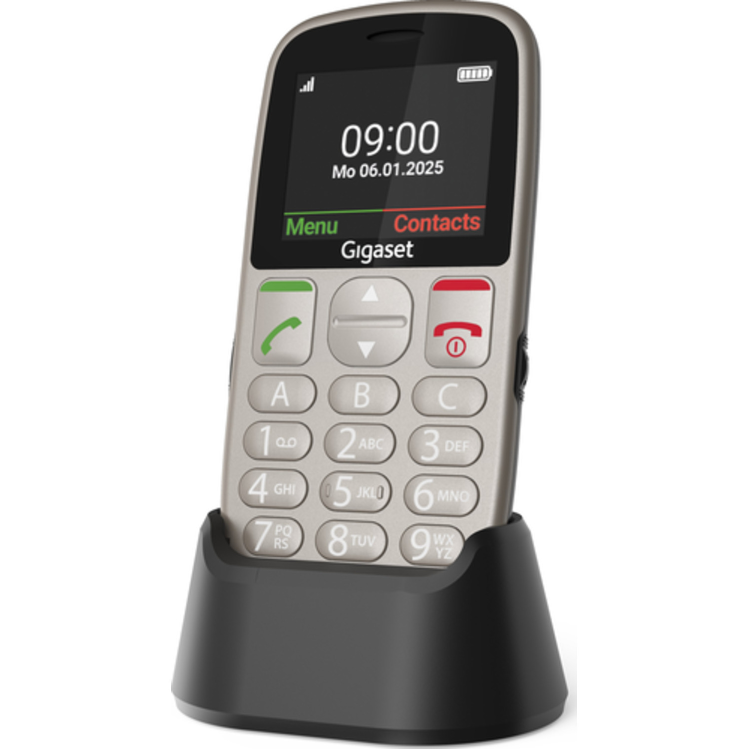 A silver Gigaset phone displays time and date. It rests on a black charging base. Buttons and a screen are visible.