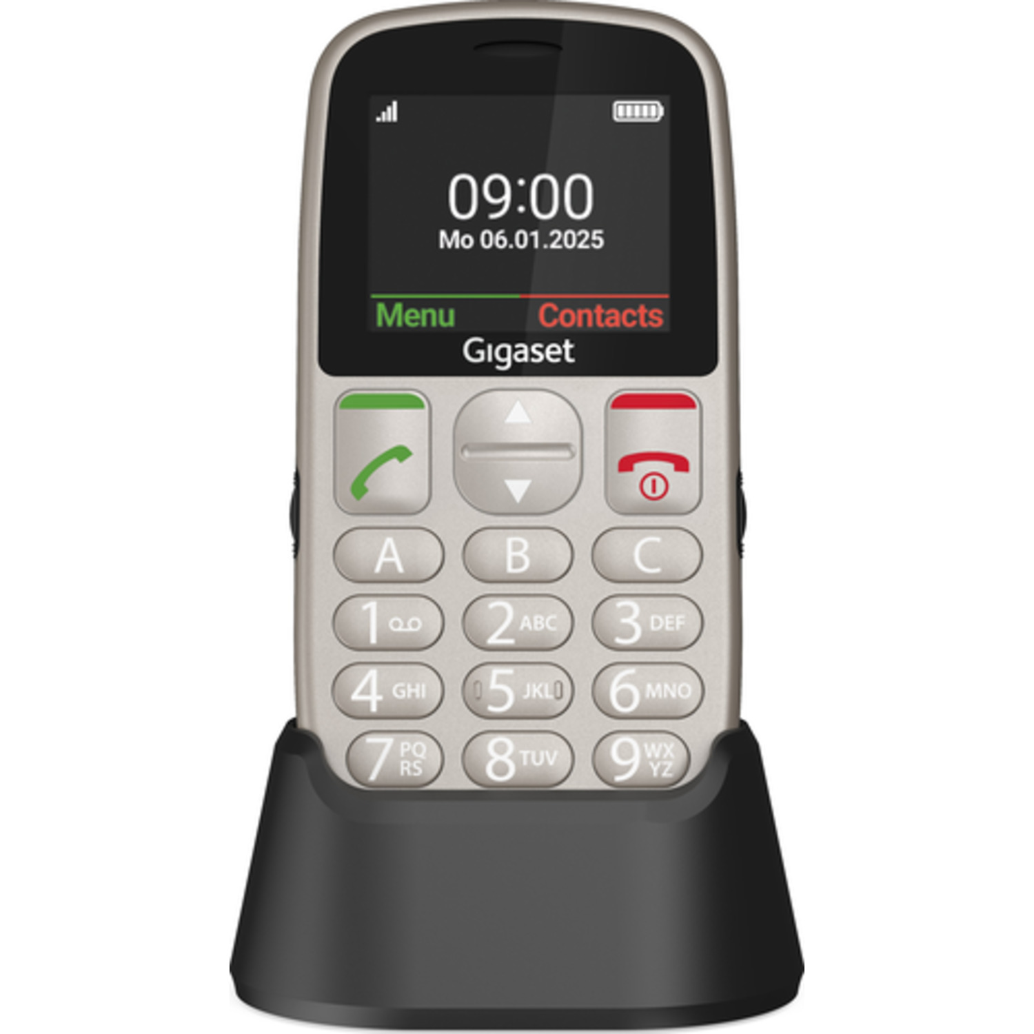 A silver Gigaset phone on a black charging base. It displays the time, date, and has buttons for contacts, menu, and numbers.