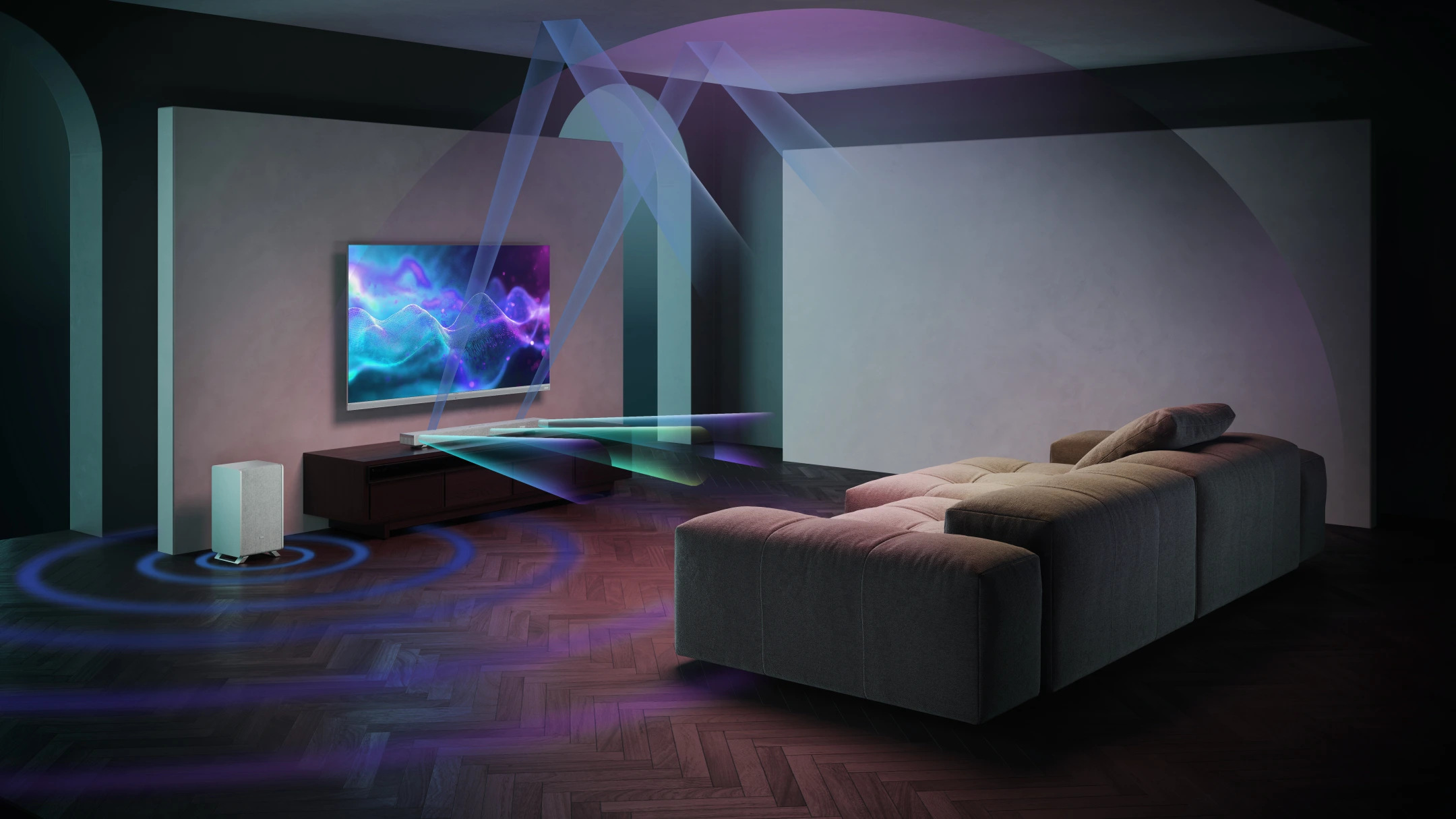 Nowoczesny salon z telewizorem wyświetlającym abstrakcyjny obraz, głośnikiem, sofą i wizualizacjami fal dźwiękowych.
