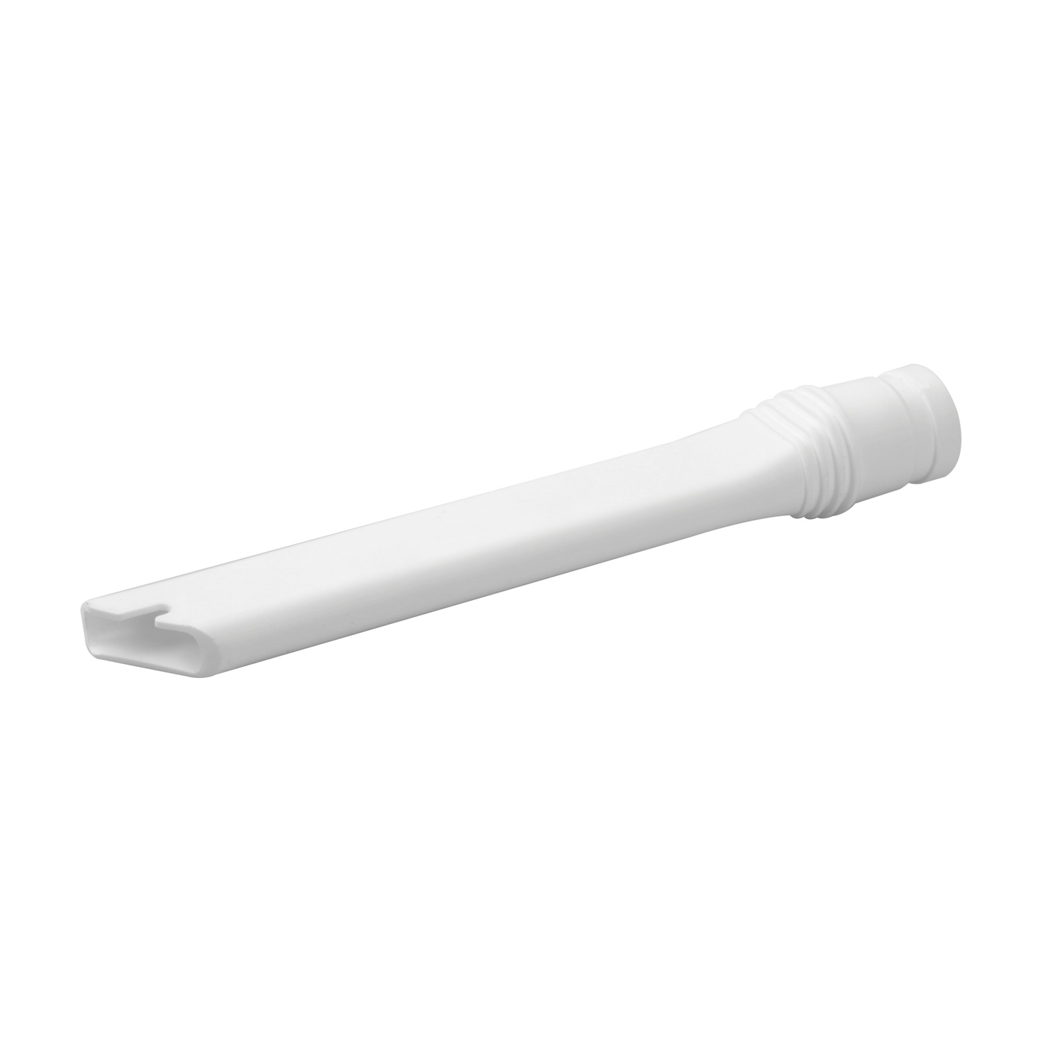 Un accessorio bianco per aspirapolvere è inclinato su uno sfondo bianco. È rettangolare con una fessura all'estremità.