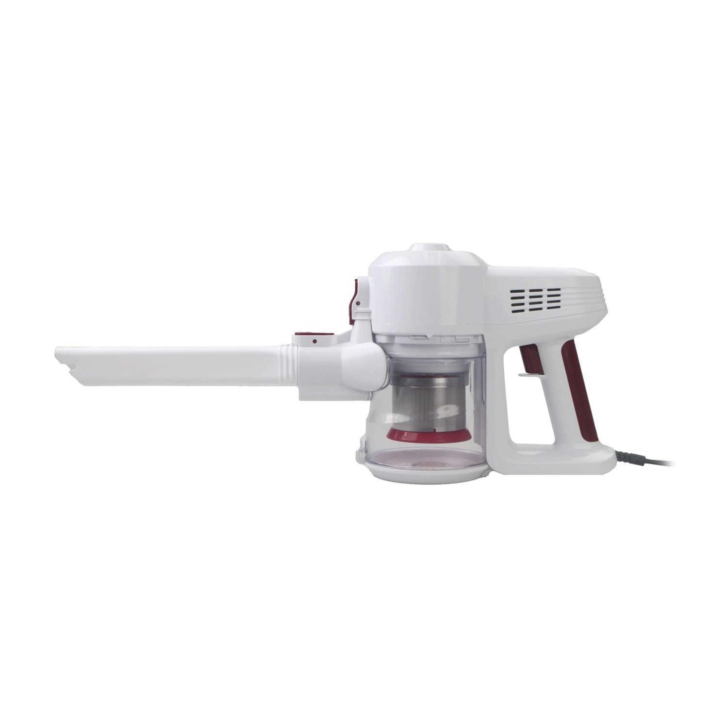 Un aspirapolvere bianco senza fili con dettagli bordeaux su sfondo bianco. Ha un ugello lungo e un'impugnatura.