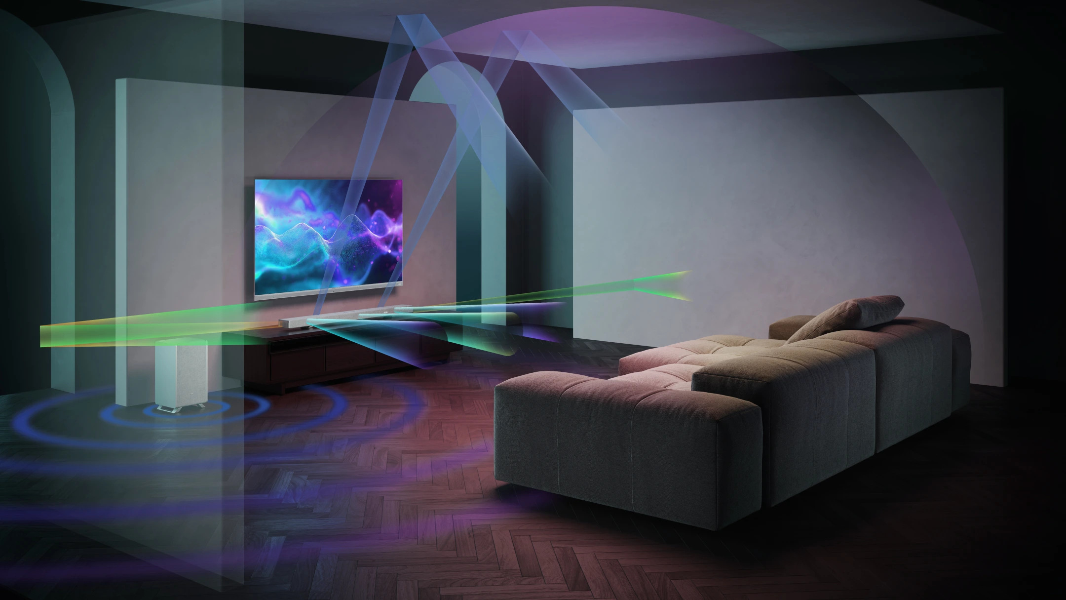 Scena w salonie z telewizorem, sofą i systemem dźwiękowym. Fale dźwiękowe są wizualizowane w całym pomieszczeniu. Ciemna drewniana podłoga.