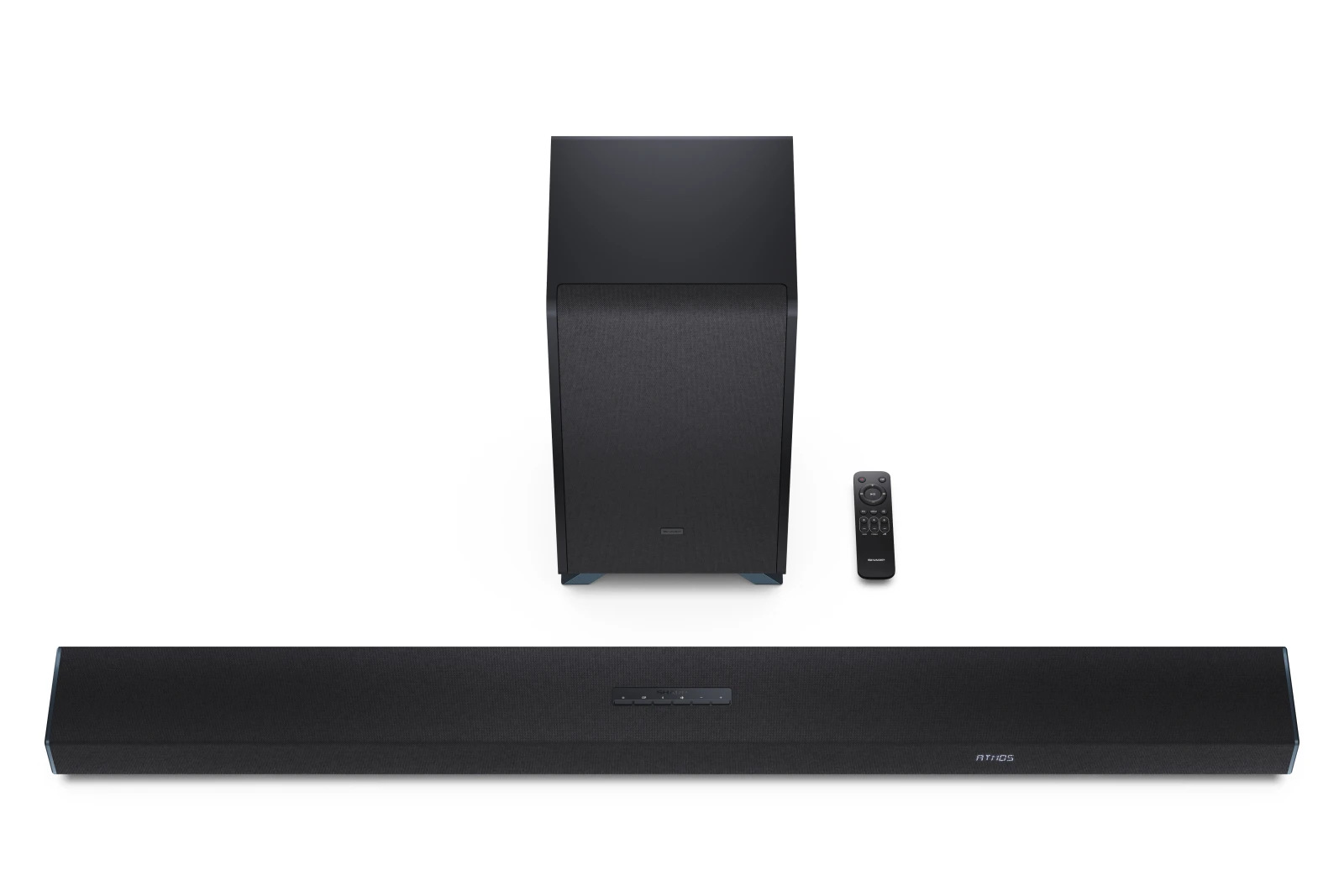 Czarny soundbar, subwoofer i pilot na białym tle. Soundbar ma napis 'ATHOS'.