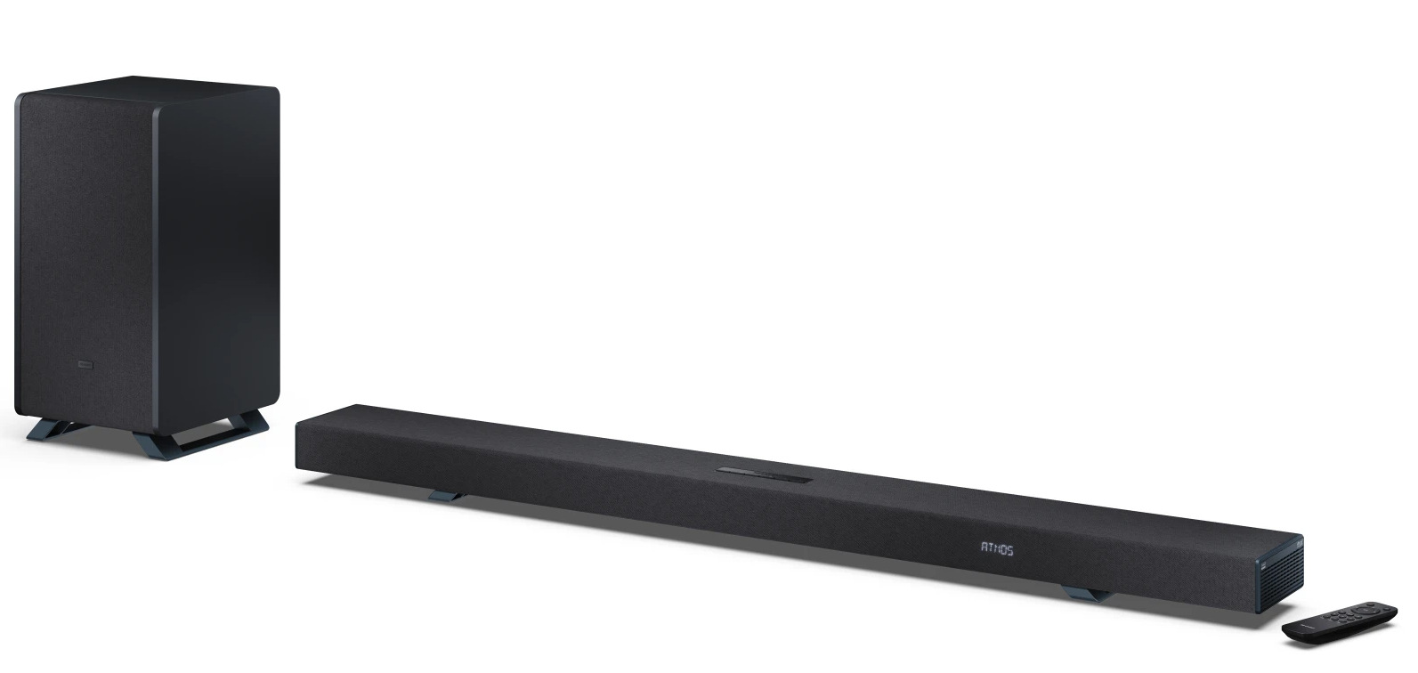 Czarny system soundbar z subwooferem, soundbarem i pilotem. Na soundbarze napis 'ATMOS'. Wszystko na białym tle.