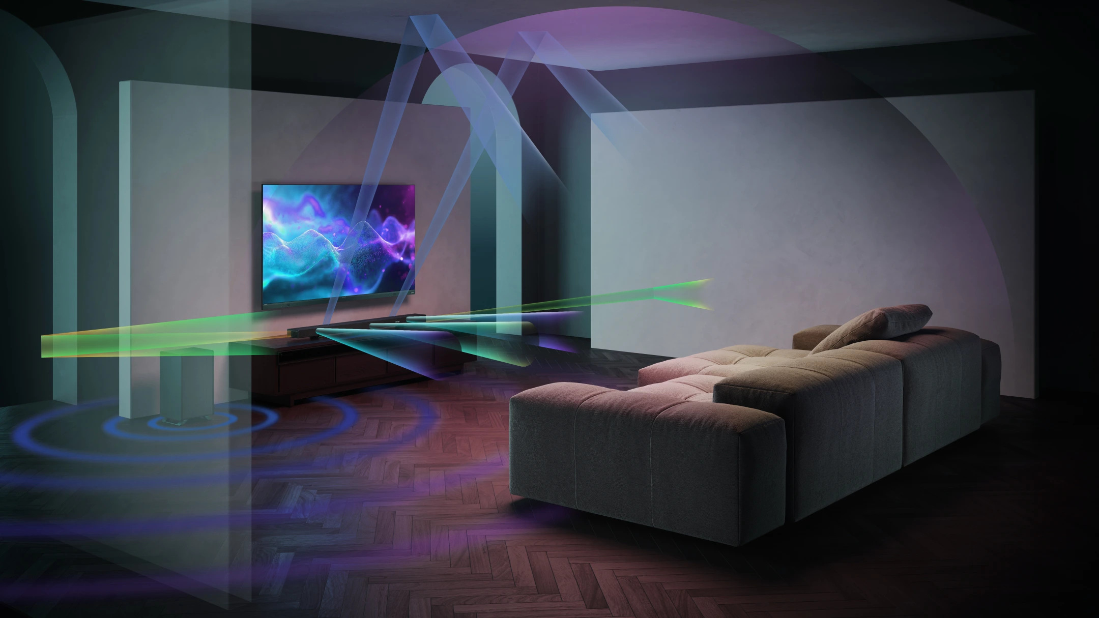 Salon z telewizorem wyświetlającym kolorowy obraz. System dźwiękowy wizualizowany kolorowymi wiązkami. Po prawej sofa.