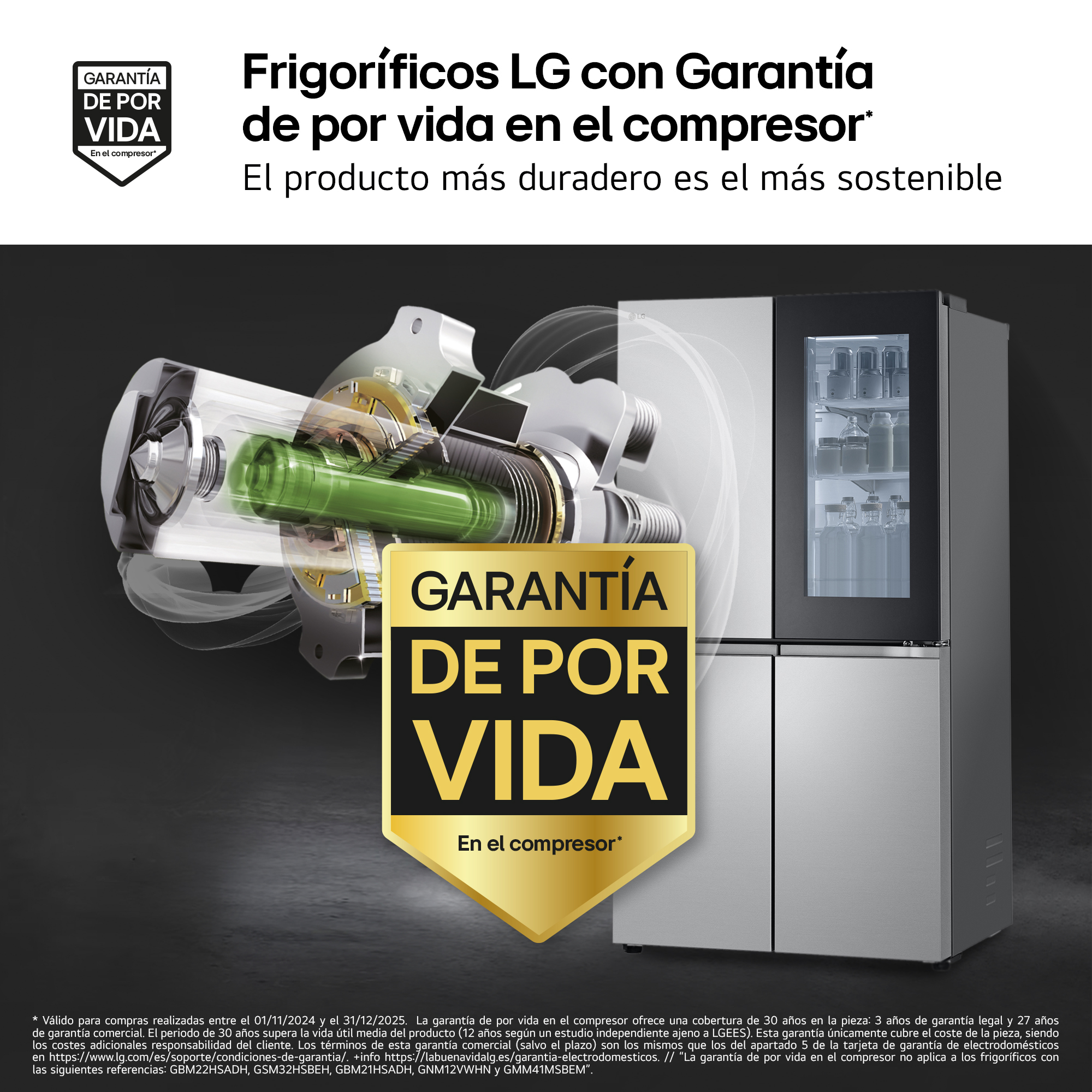 Anuncio de refrigerador LG con información de garantía. Muestra un refrigerador y detalles del compresor. El texto incluye los términos de la garantía.