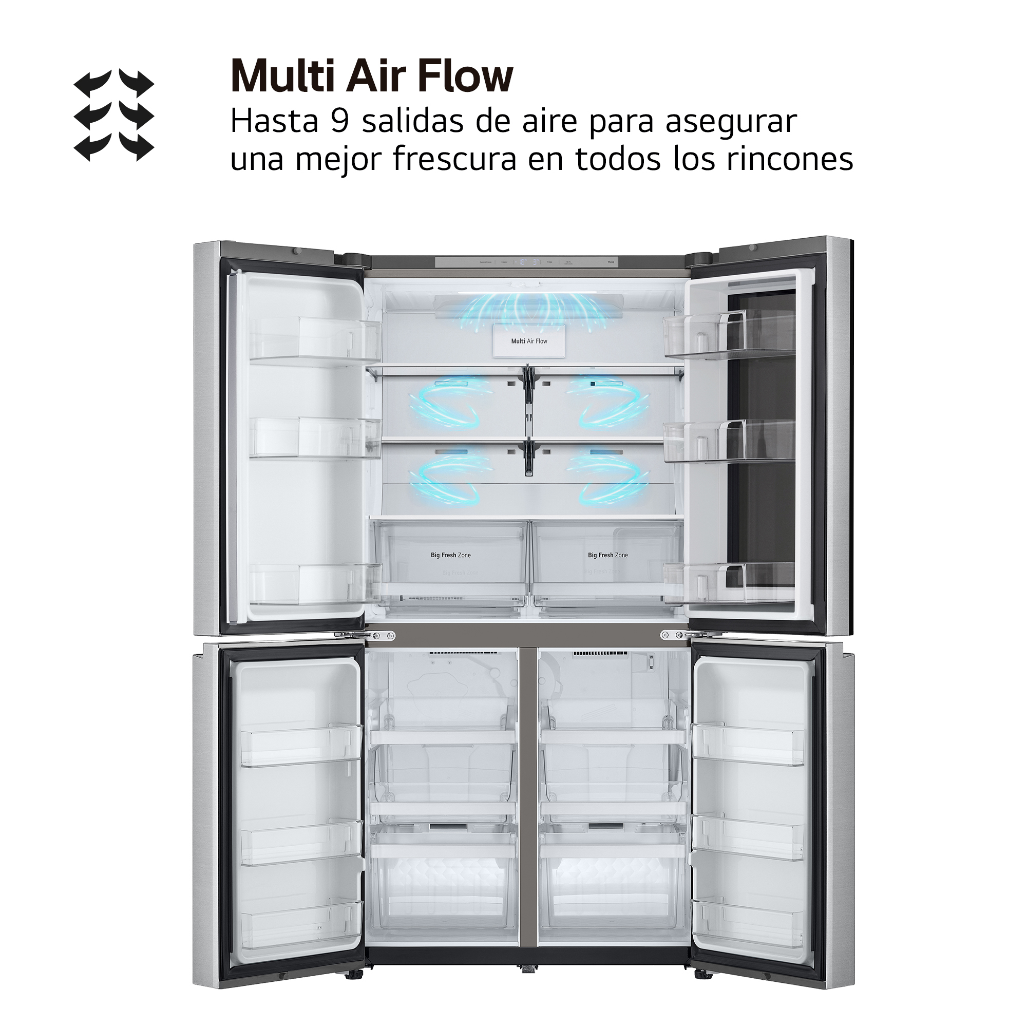 Refrigerador abierto que muestra compartimentos y cajones. El texto dice 'Multi Air Flow'. Las flechas indican el flujo de aire.