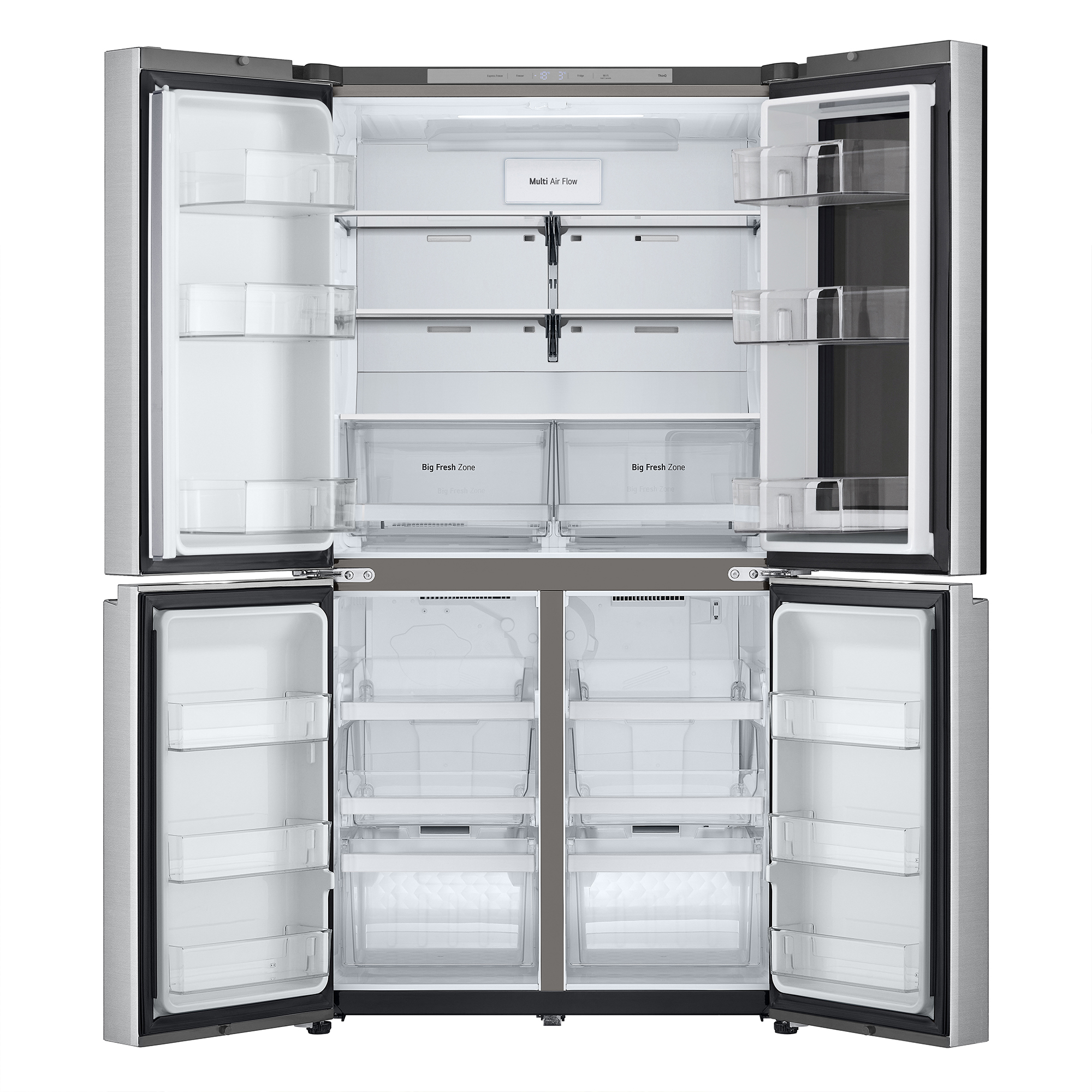 Un refrigerador de acero inoxidable con cuatro puertas abiertas, revelando estantes, cajones y etiquetas como 'Multi Air Flow' y 'Big Fresh Zone'.