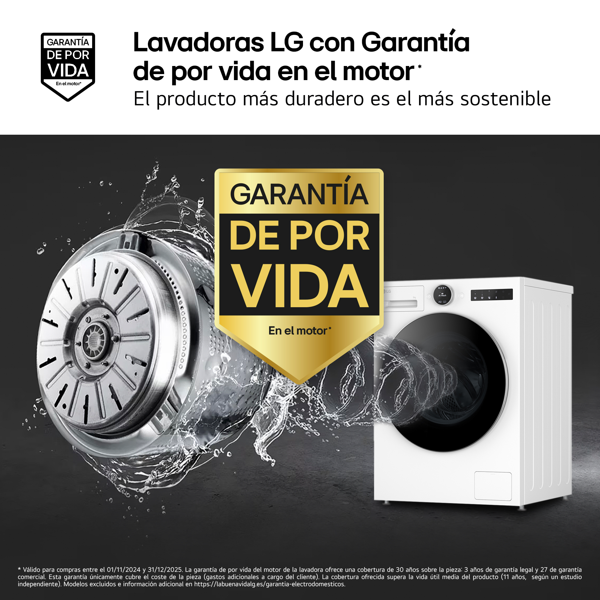 Lavadora LG con tambor metálico y frontal blanco. Texto: 'Garantía de por vida en el motor'.