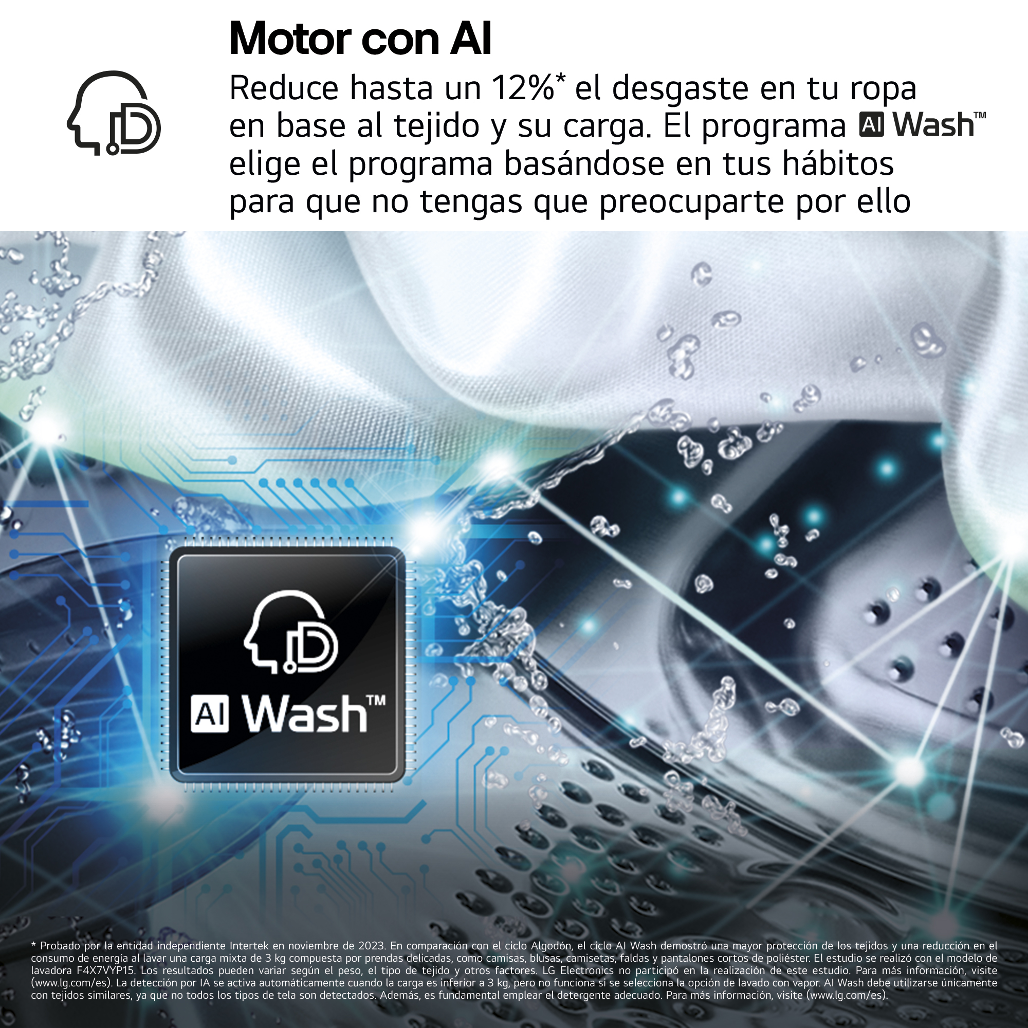 Una lavadora AI Wash. La imagen muestra gotas de agua y texto sobre el cuidado de las telas.