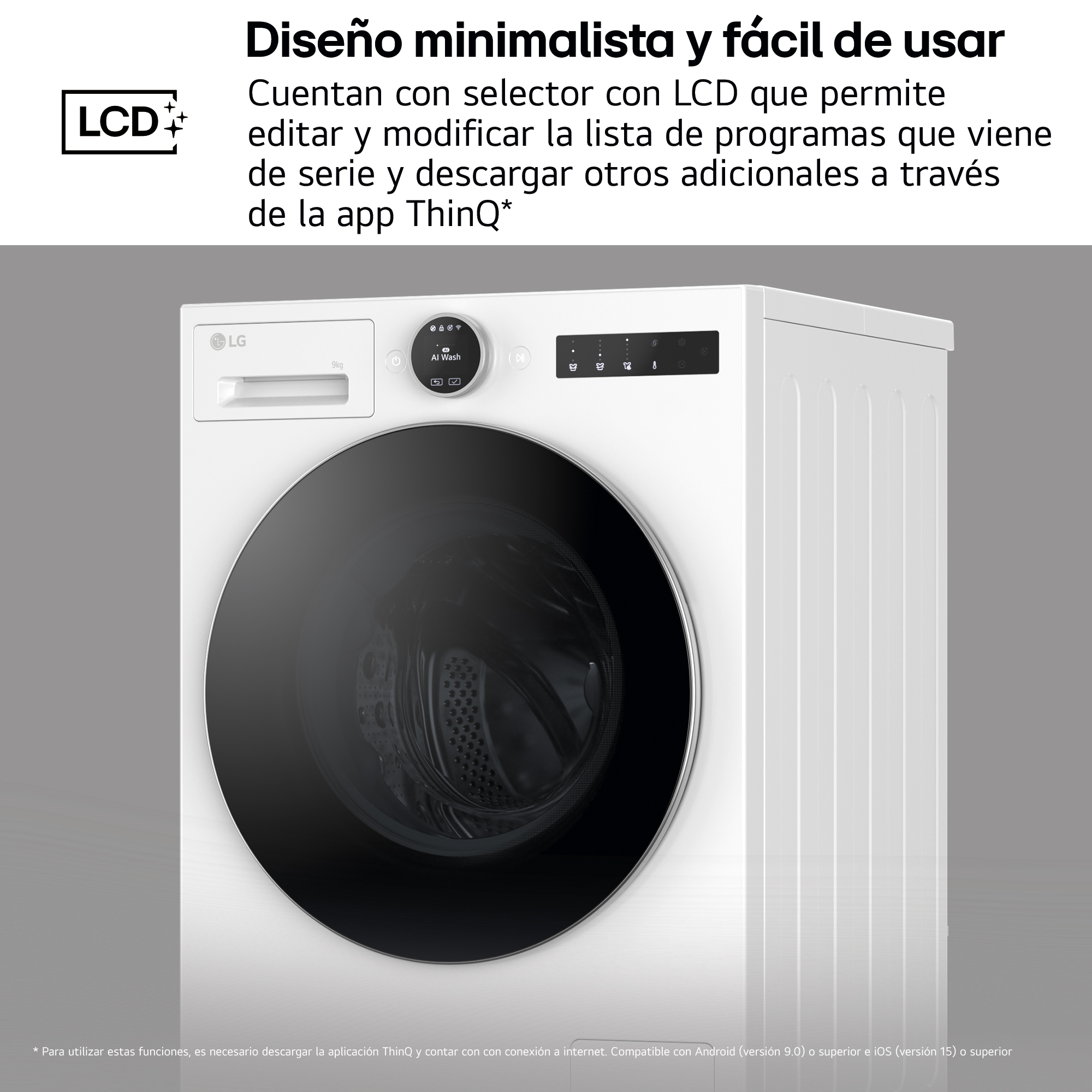 Una lavadora LG blanca con una gran puerta negra. Tiene una pantalla LCD y un panel de control.