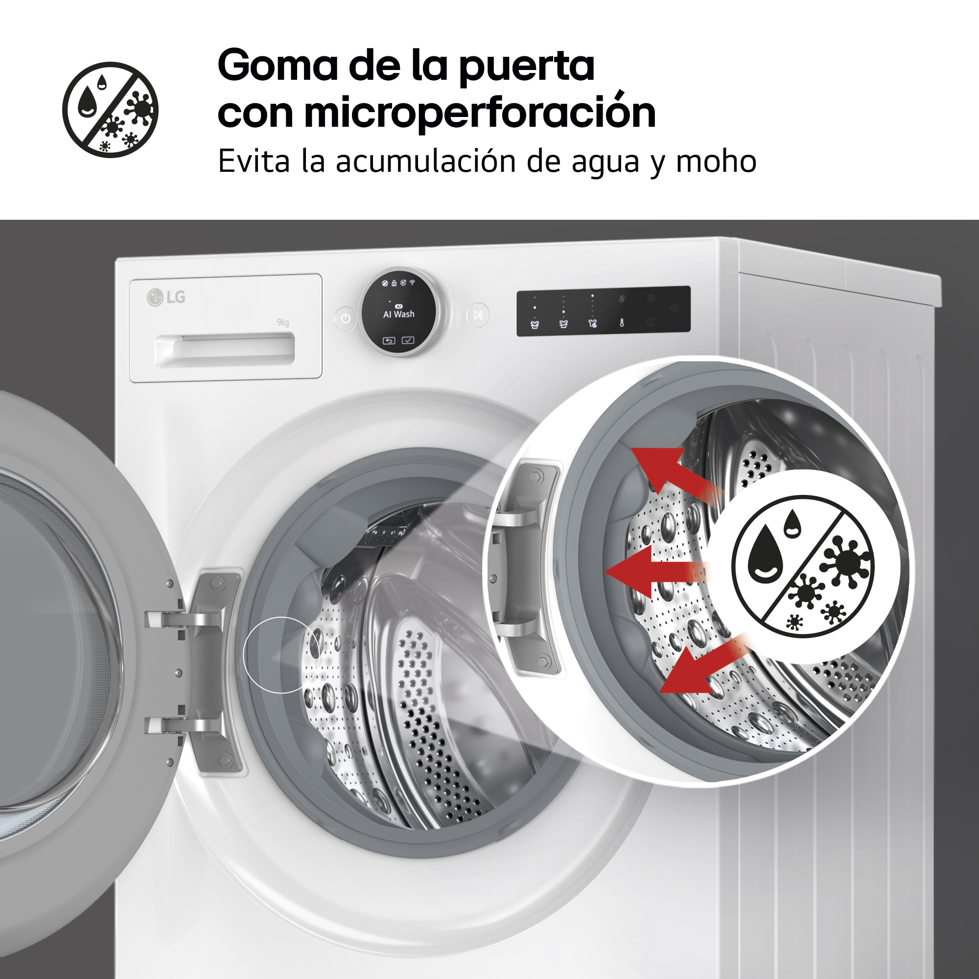 Lavadora blanca con puerta abierta. Detalle muestra una junta de goma con perforaciones, evitando la acumulación de agua y moho.