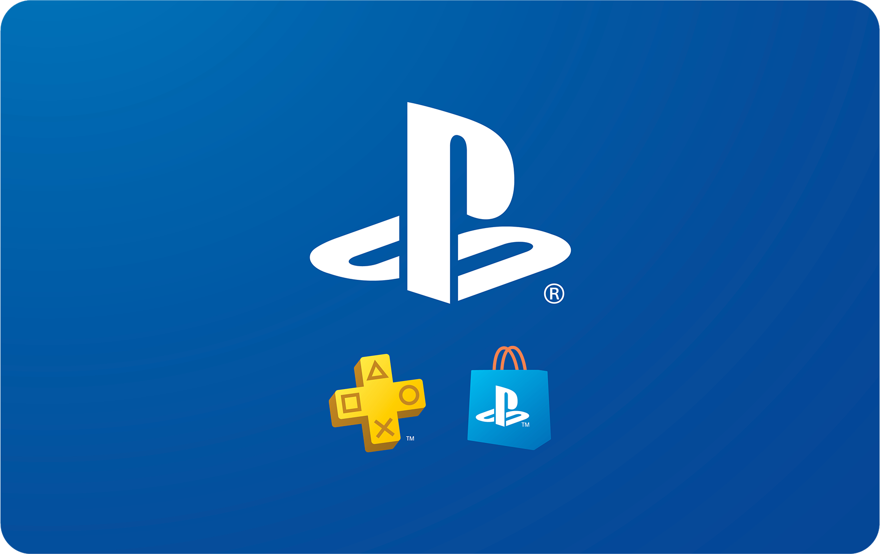 Fond bleu avec logos PlayStation. Un grand logo PlayStation blanc, un logo Plus jaune et un sac de courses bleu.