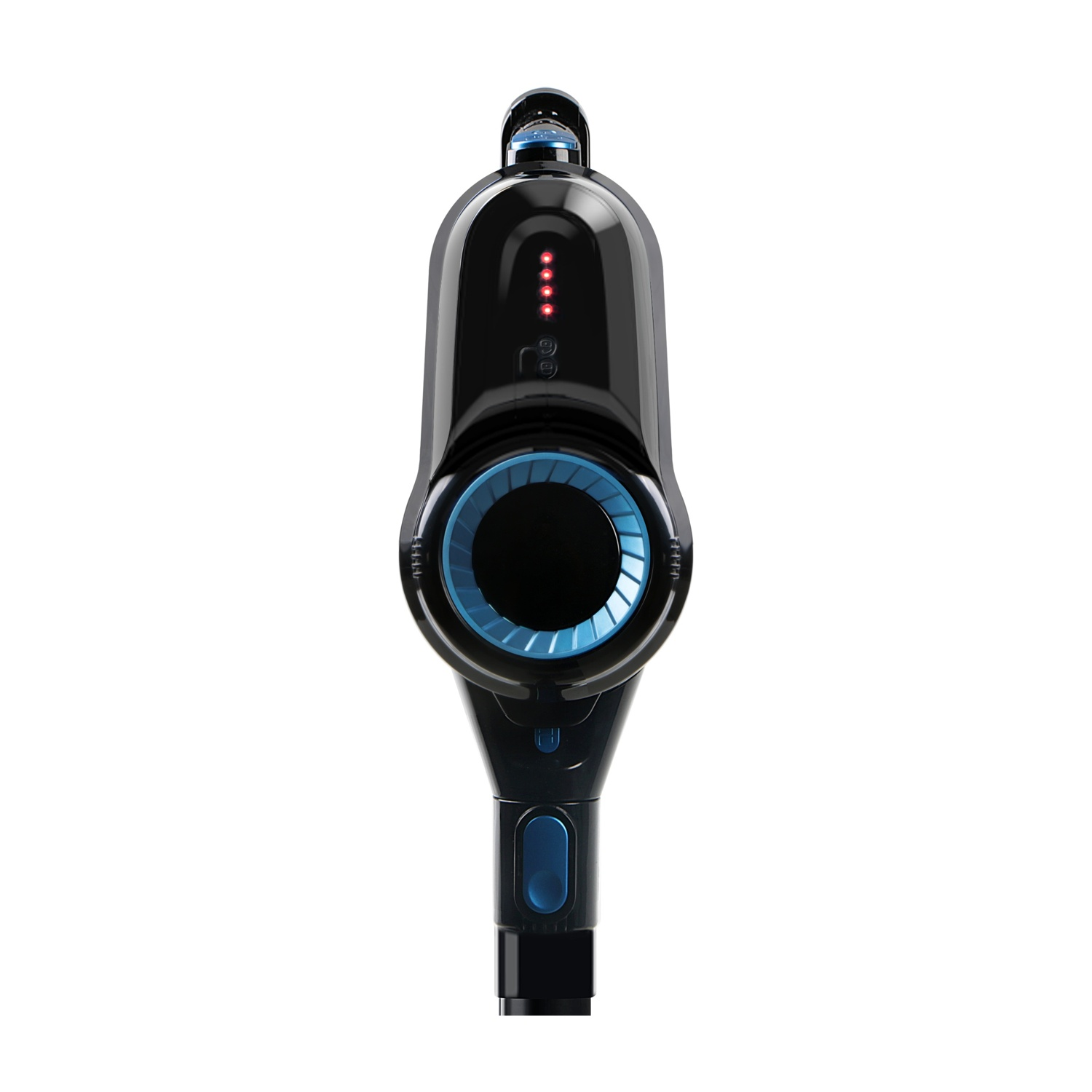 Un aspirapolvere portatile nero e blu è centrato su uno sfondo bianco. Ha una testa rotonda e un corpo lungo.