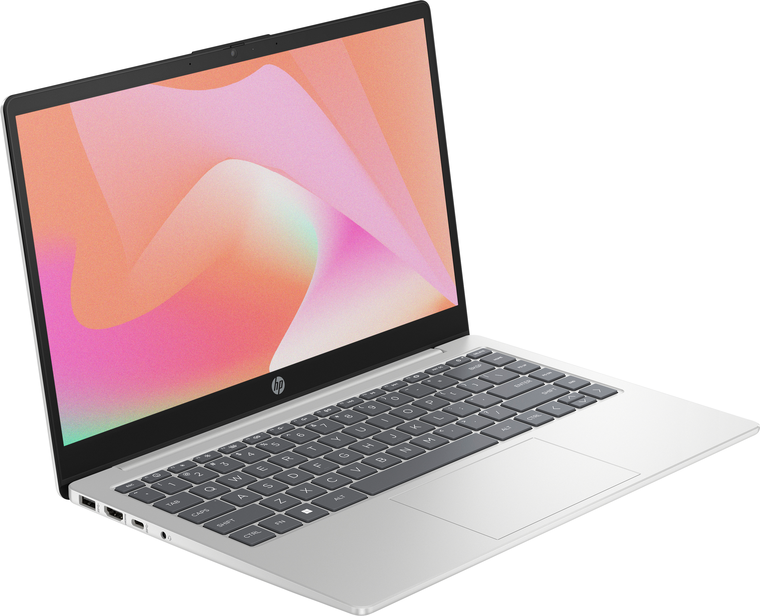 Ein silberner HP-Laptop auf schwarzem Hintergrund. Der Bildschirm zeigt ein farbenfrohes abstraktes Design. Die Tastatur ist sichtbar.