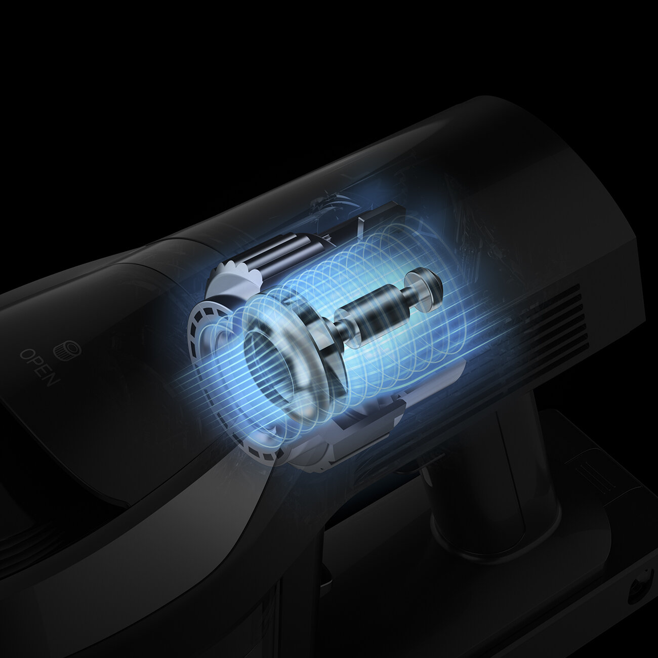 Widok przekrojowy czarnego odkurzacza pokazujący wewnętrzne elementy z niebieskimi efektami świetlnymi. Słowo OPEN jest widoczne.