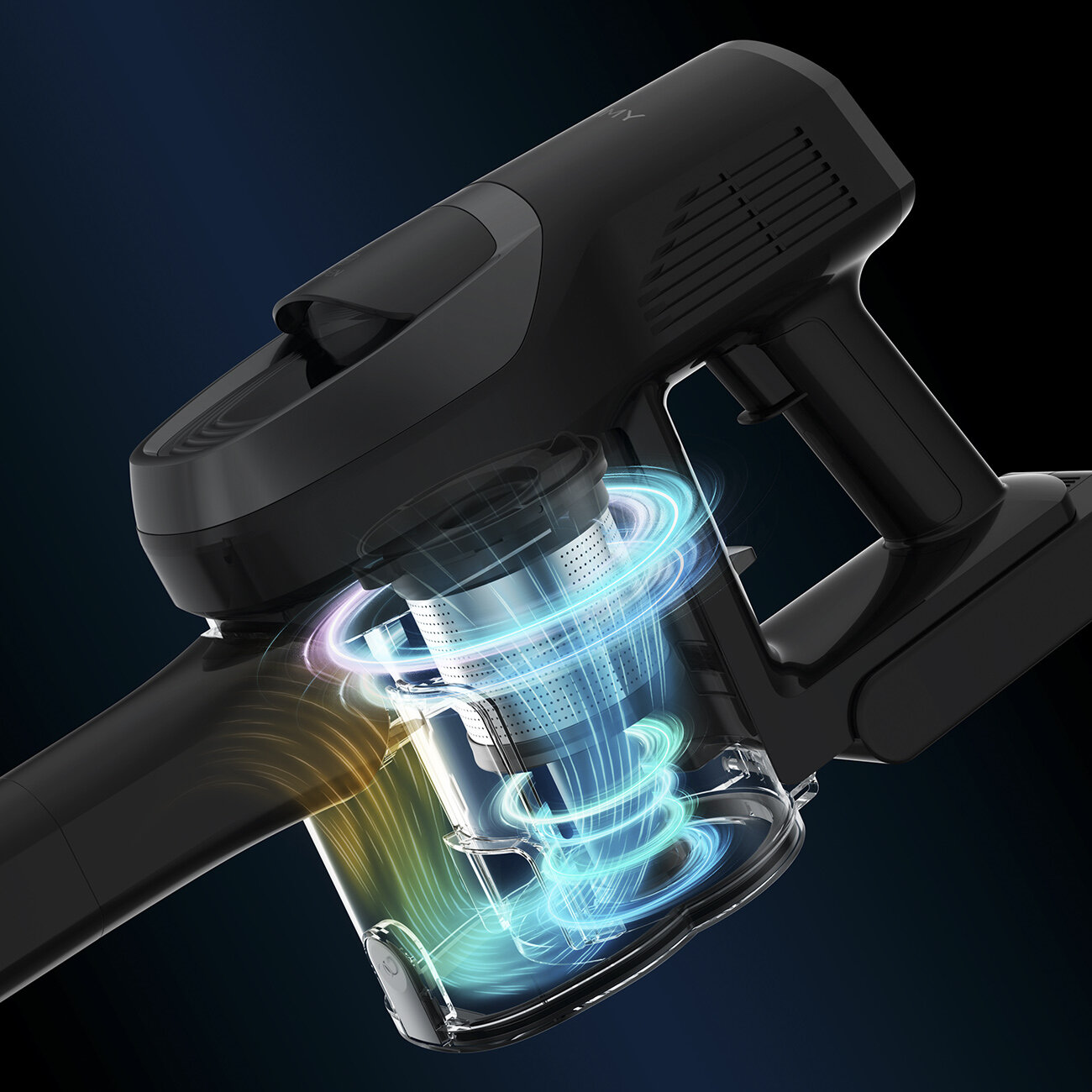 Czarny odkurzacz bezprzewodowy. Przezroczysty pojemnik pokazuje wewnętrzny przepływ powietrza z niebieskimi i żółtymi wirami. Ciemne tło.