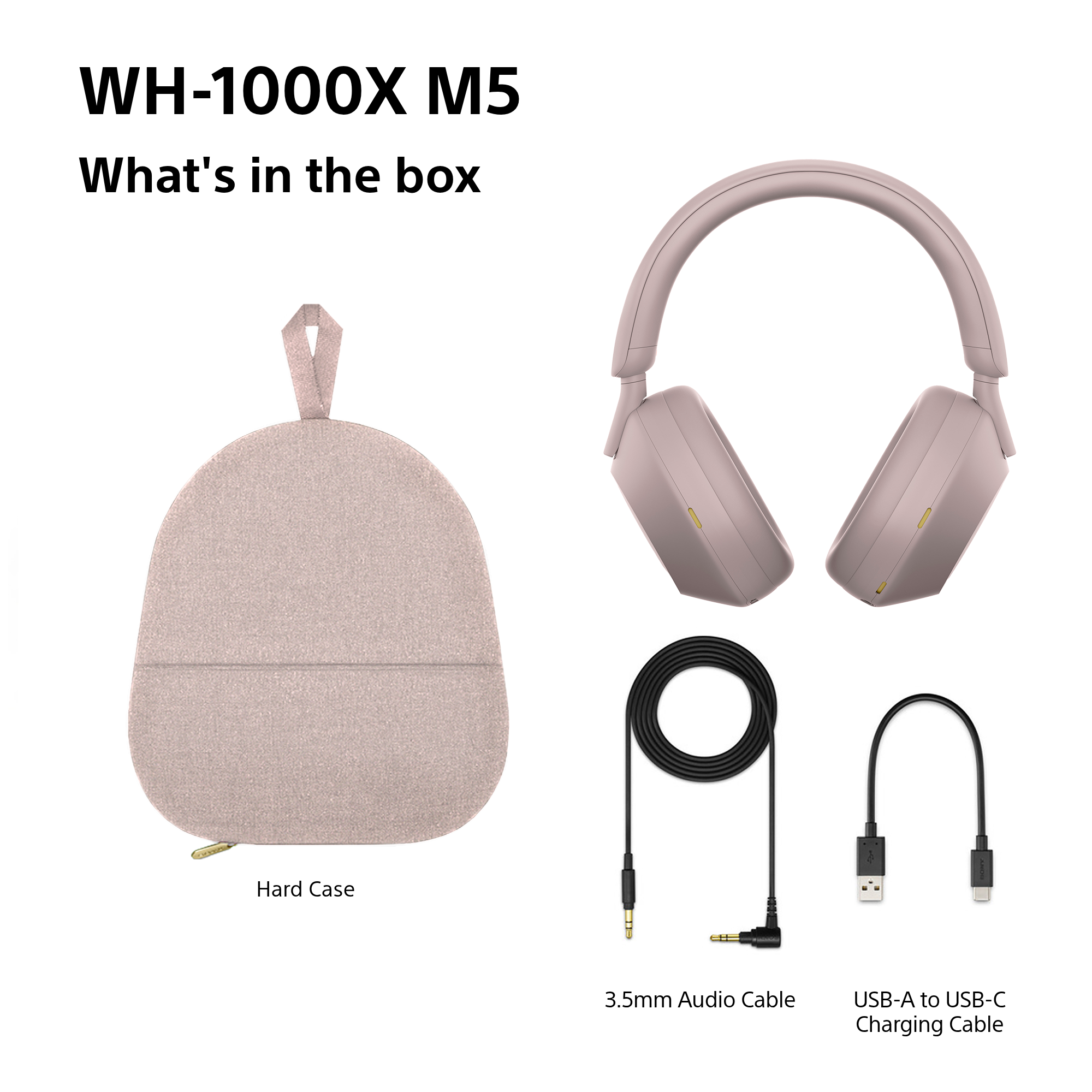 Das Bild zeigt den Inhalt der WH-1000XM5-Box: Kopfhörer, Hartschale, Audiokabel und USB-A-auf-USB-C-Ladekabel.
