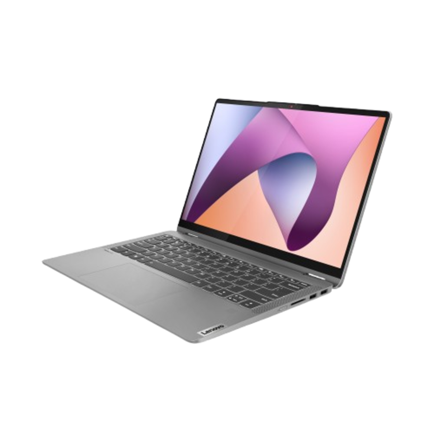 Un ordinateur portable Lenovo argenté est ouvert, affichant un fond d'écran abstrait coloré. Le clavier est visible et l'écran est incliné.