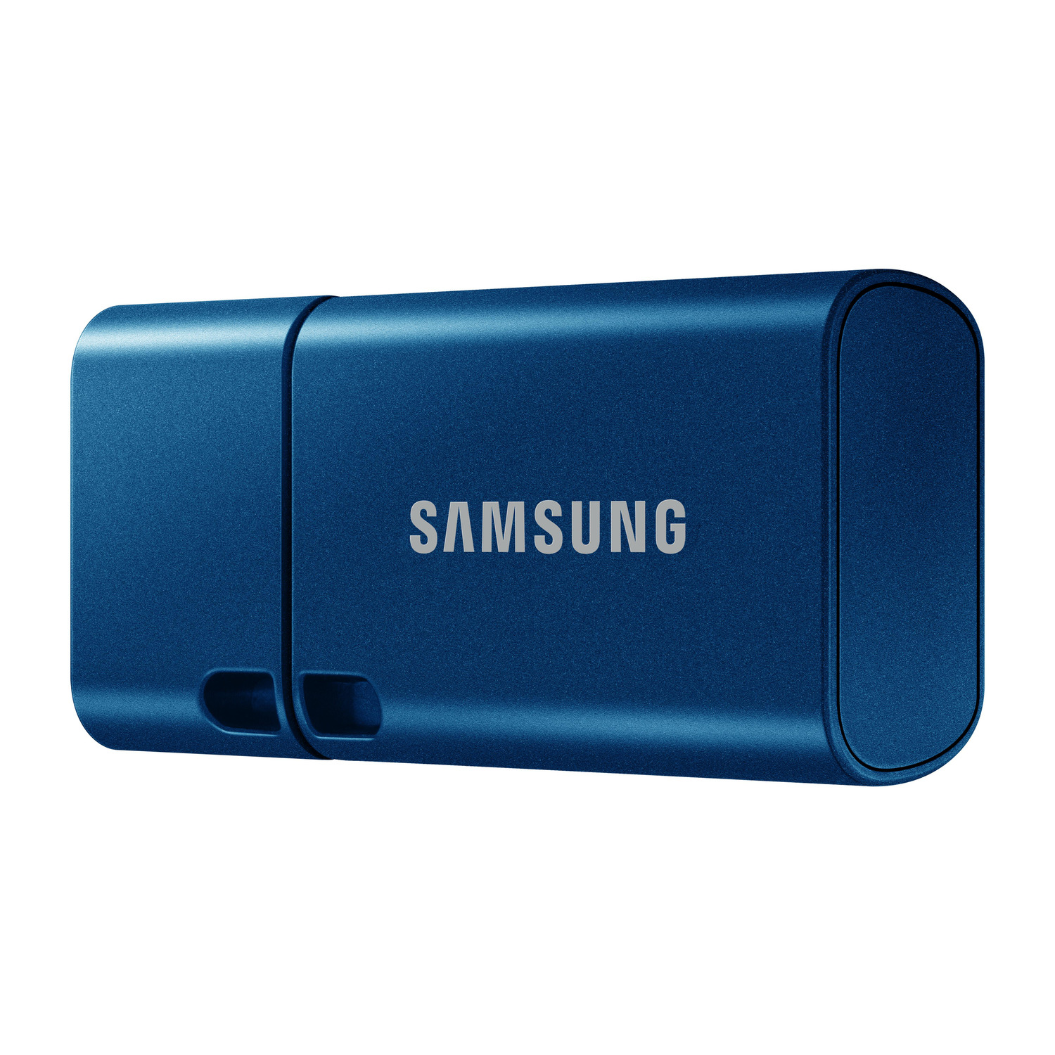 A blue Samsung USB drive. The word SAMSUNG is printed in white. It is on a white background.
