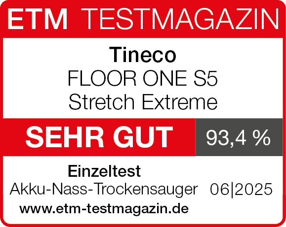 Bild einer rot-weißen Zeitschriftencover für das Tineco FLOOR ONE S5, bewertet mit 'SEHR GUT' (Sehr Gut) mit 93,4%.