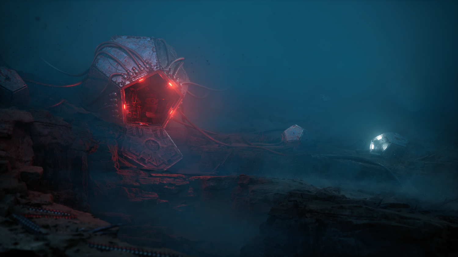 Escena submarina con estructuras metálicas geométricas que emiten luz roja. Fondo marino oscuro y rocoso con agua azul brumosa.