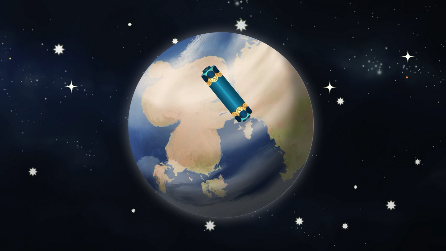 La Tierra rodeada de estrellas. Un pergamino azul con detalles dorados está sobre el planeta. El fondo es azul oscuro.