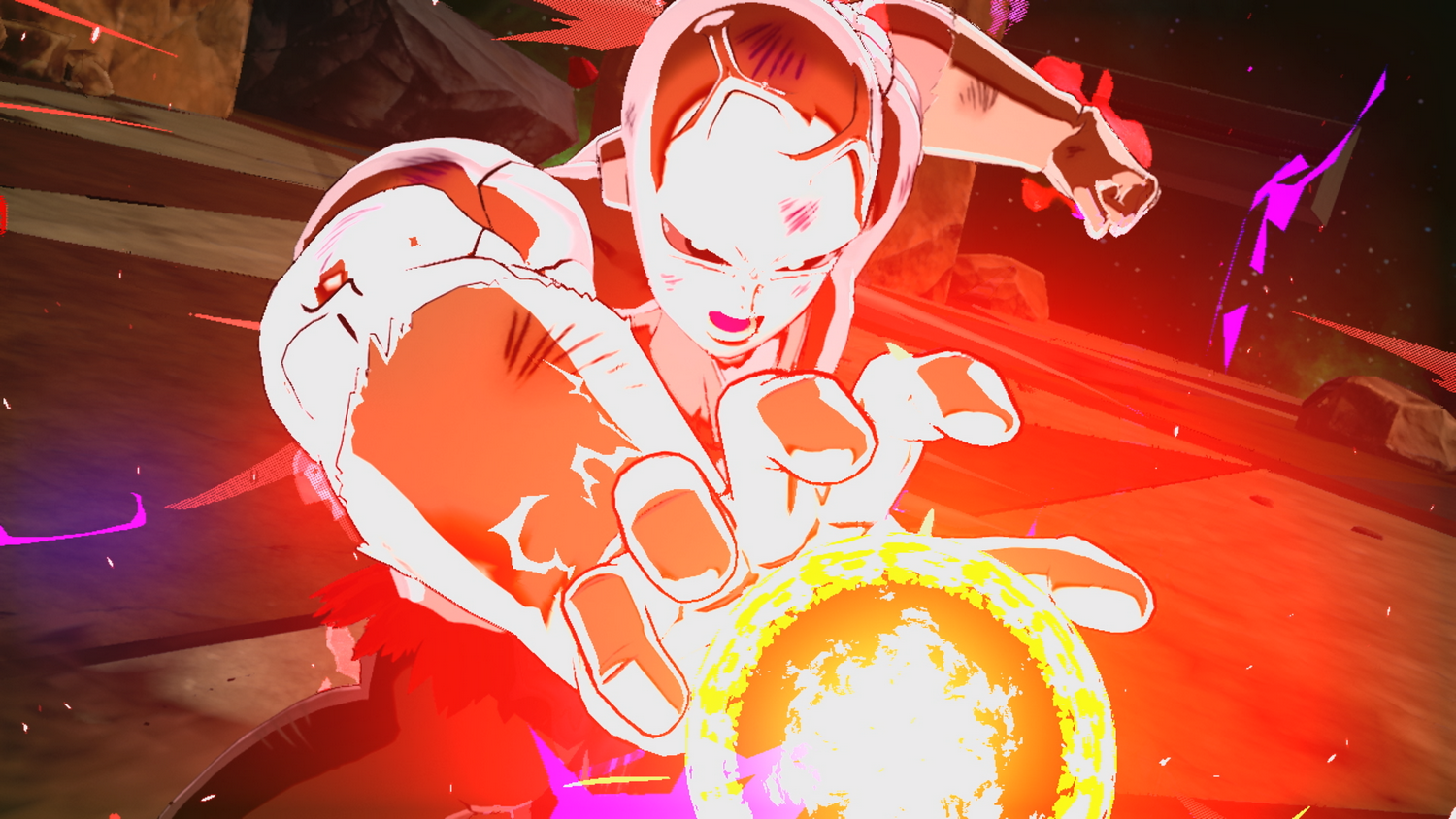 Un personaje de piel blanca y acentos rojos crea una bola de energía amarilla. El fondo es oscuro con formas púrpuras.