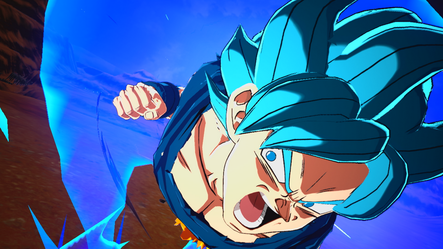 Un personaje con pelo azul grita, rodeado de energía azul. El fondo muestra un paisaje desértico y un cielo azul.
