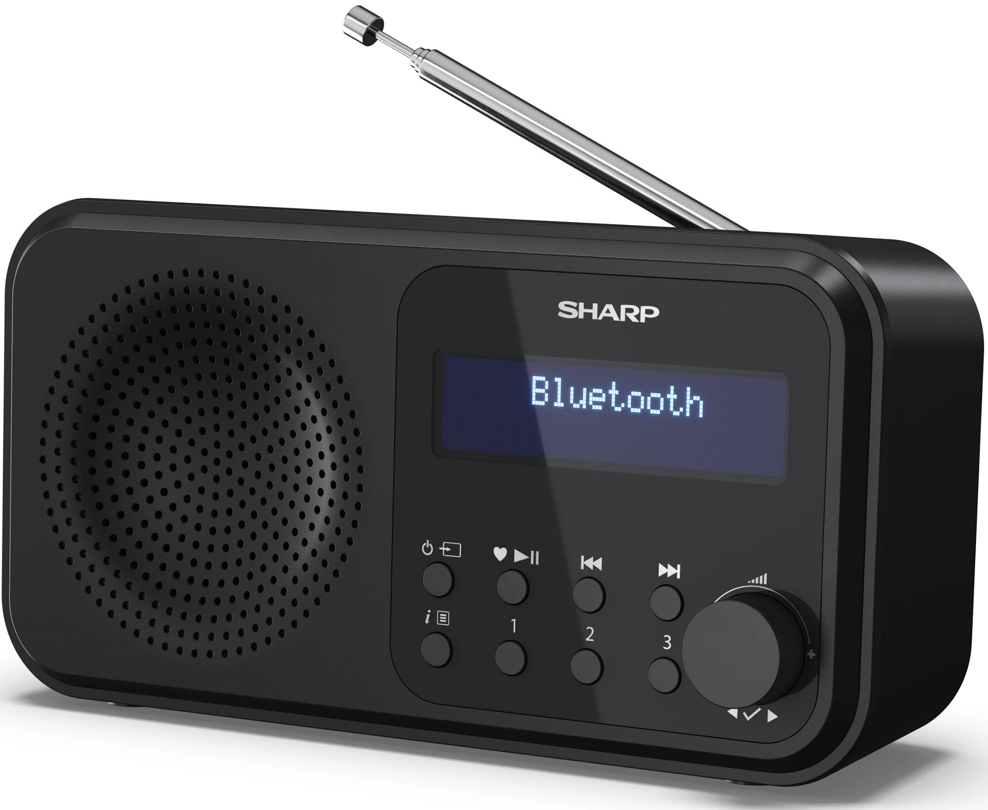 Czarny radioodtwarzacz Bluetooth Sharp. Posiada wyświetlacz z napisem "Bluetooth". Srebrna antena wysunięta. Przyciski i pokrętło głośności z przodu.
