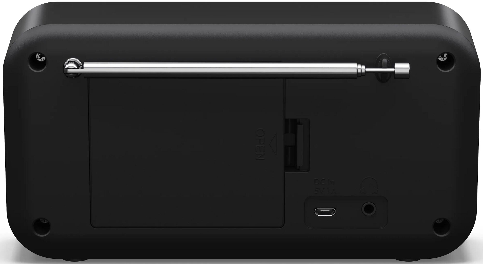 Czarny radioodbiornik z wysuniętą srebrną anteną. Posiada komorę z napisem 'OPEN' oraz porty zasilania i słuchawek.