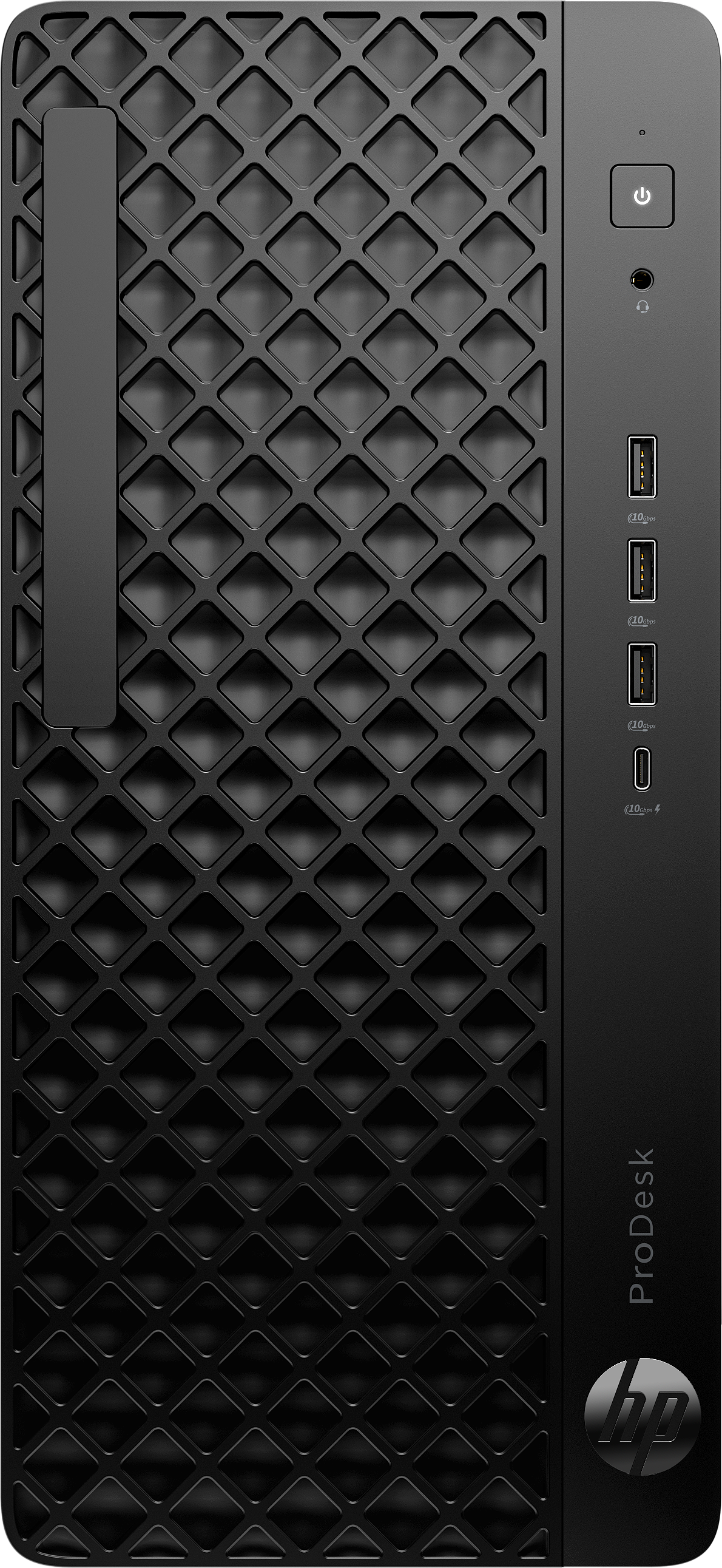 Ein schwarzer HP ProDesk-Computer. Er hat ein Diamantmuster auf der Vorderseite, einen Power-Knopf, USB-Anschlüsse und das HP-Logo.