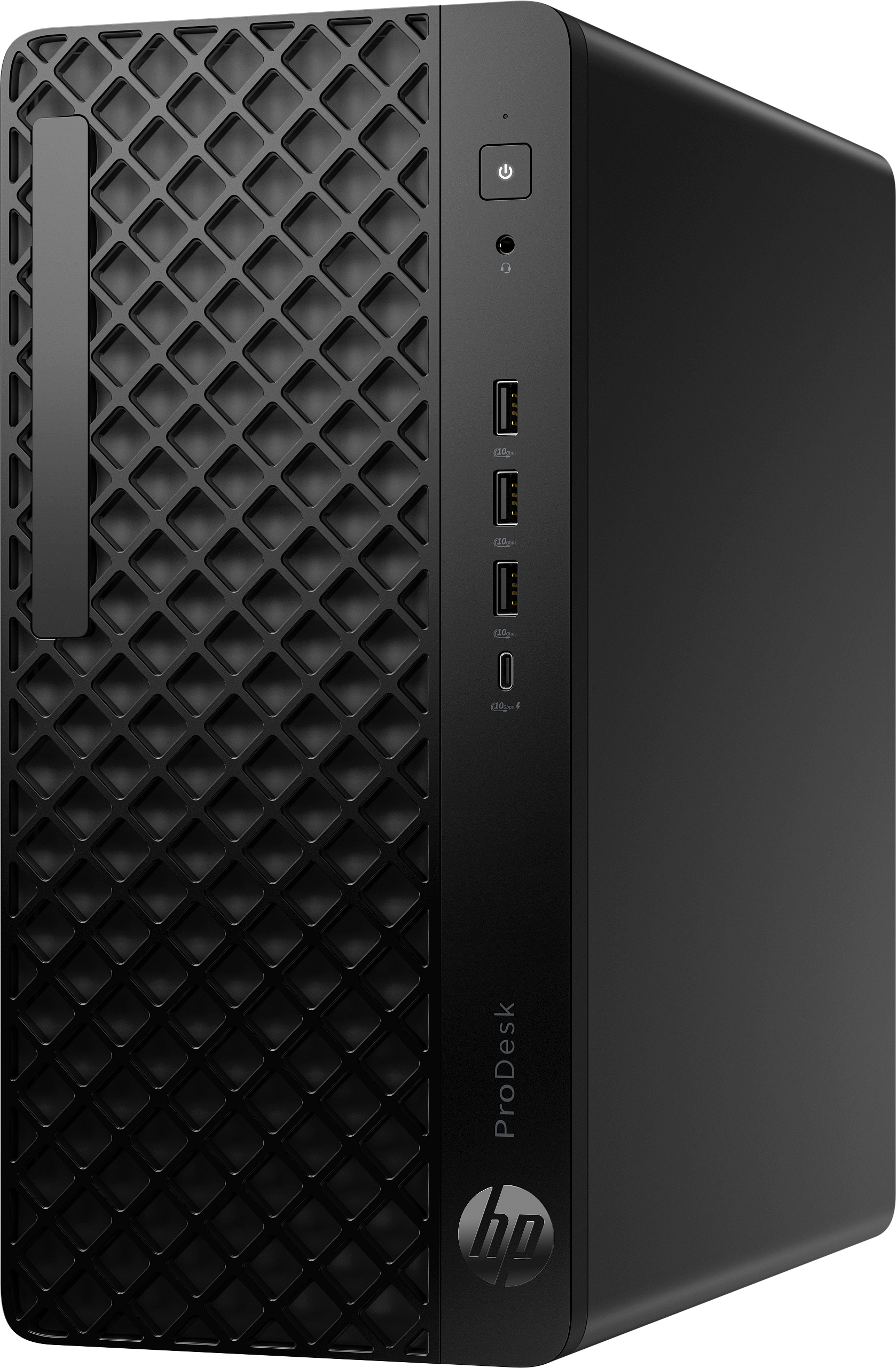Ein schwarzer HP ProDesk Desktop-Computer. Er hat eine strukturierte Front, einen Einschaltknopf, USB-Anschlüsse und das HP-Logo.