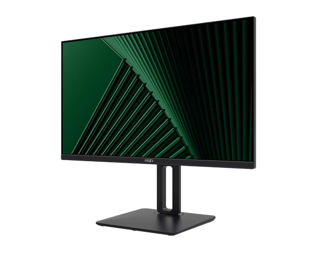 Un monitor MSI negro muestra un patrón abstracto verde. Se apoya sobre una base negra. El fondo es negro.
