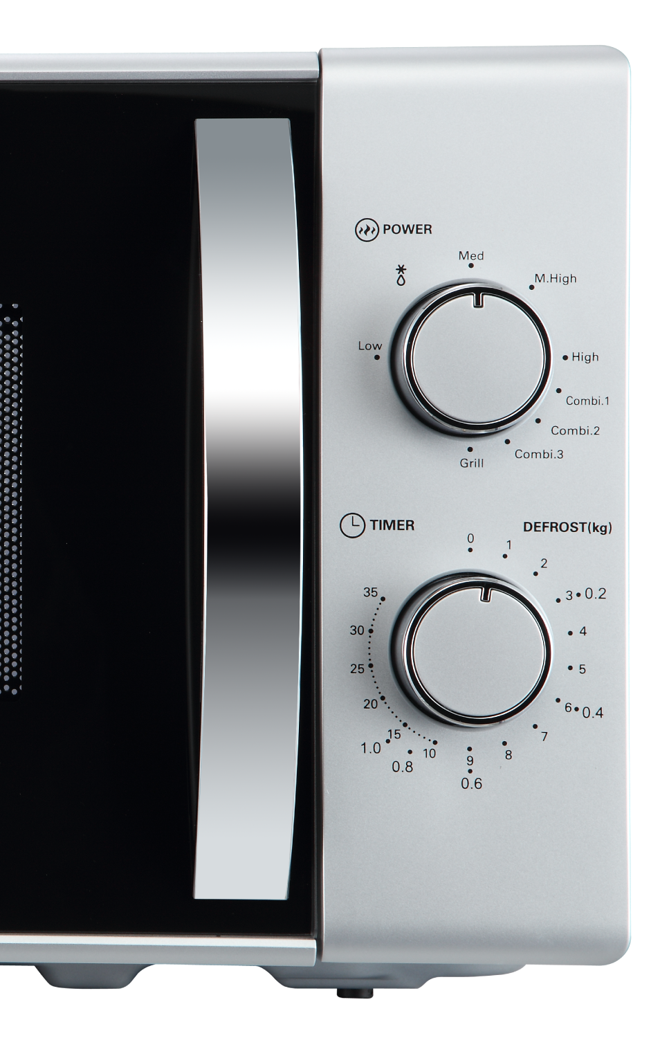 Microondas con panel de control. Perillas para potencia, temporizador y descongelación. Puerta negra y asa plateada.