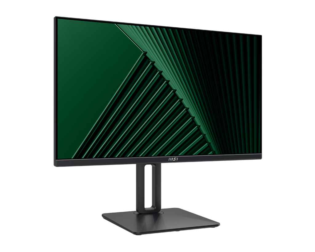 Un monitor de computadora negro muestra un patrón geométrico verde. El monitor está sobre un soporte y el fondo es negro.