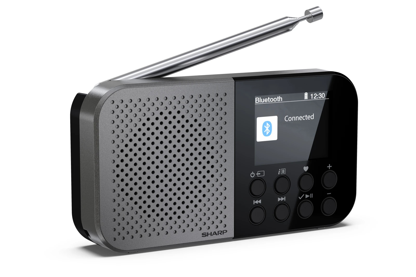 Szare i czarne radio Sharp z ekranem wyświetlającym połączenie Bluetooth i elementy sterujące. Antena wystaje do góry.