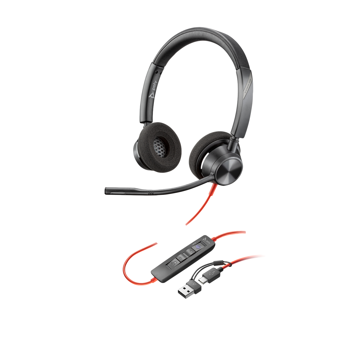 Zwarte Poly headset met rode kabel en besturingsmodule. USB- en audio connectoren. Geïsoleerd op zwarte achtergrond.