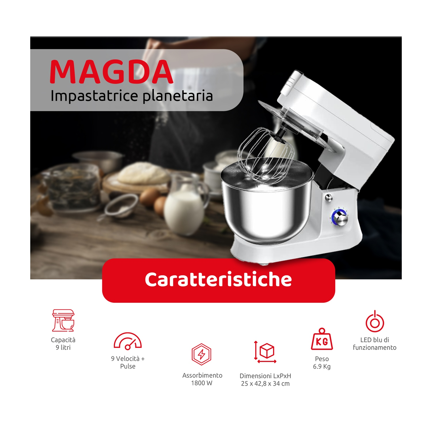 È mostrato un robot da cucina bianco con una ciotola in acciaio inox. Sono indicate varie caratteristiche, tra cui capacità, velocità e dimensioni.